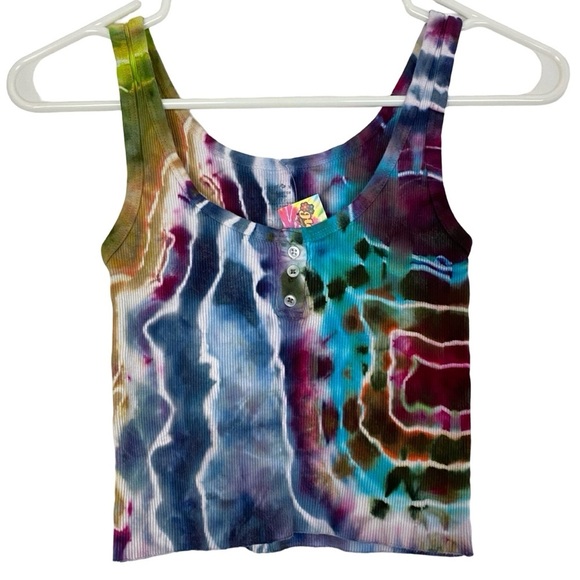 Hand Crafted Tops - Handmade Geode Tie Dye Ribbed Tank Top Crop Womens Size Small Colorful Upcycled
